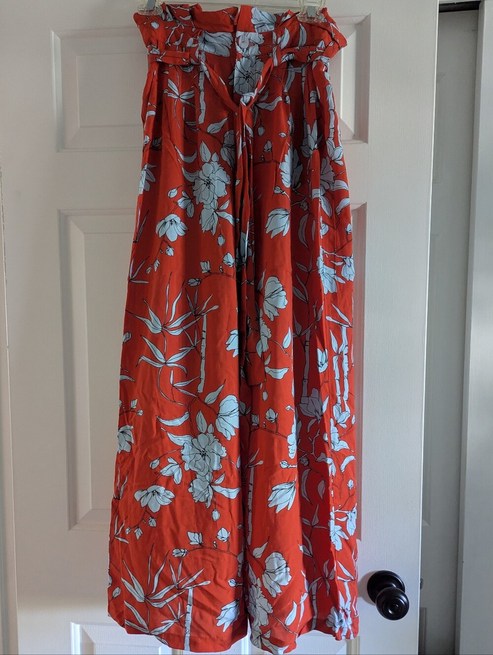 Charlie Holiday Red Floral Wide-Leg Trousers with Light Blue Blossoms NWT